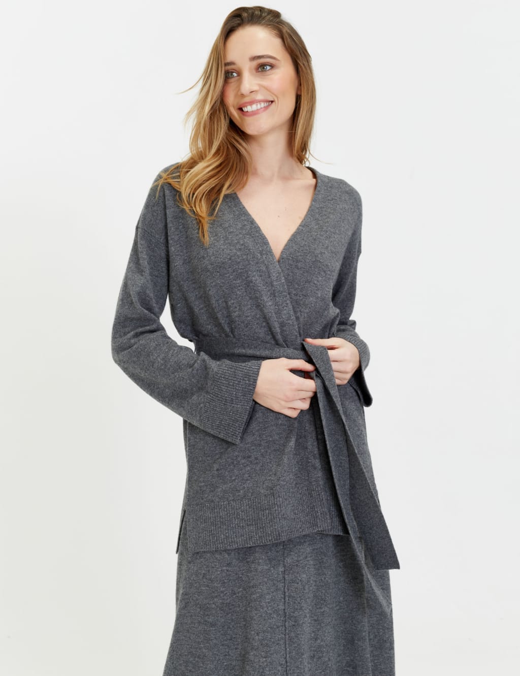 Wool Rich Wrap Belted Longline Cardigan