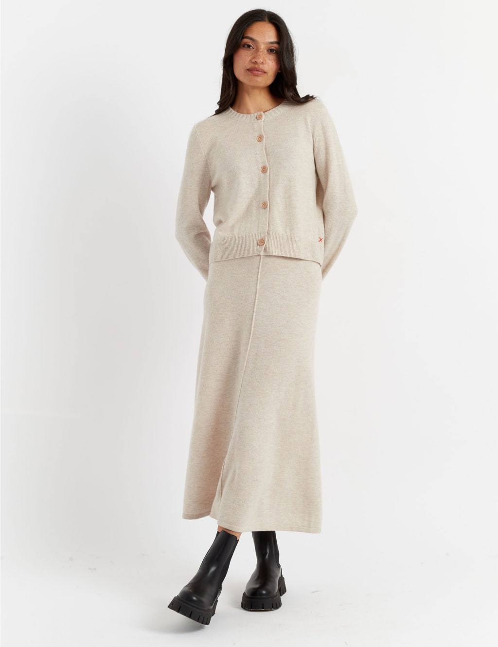 Wool Rich Crew Neck Cardigan with Cashmere