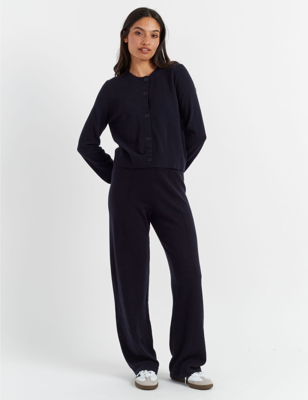 Wool Rich Crew Neck Cardigan with Cashmere