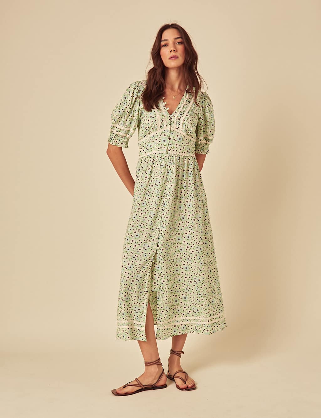 Ditsy Floral V-Neck Midi Waisted Dress