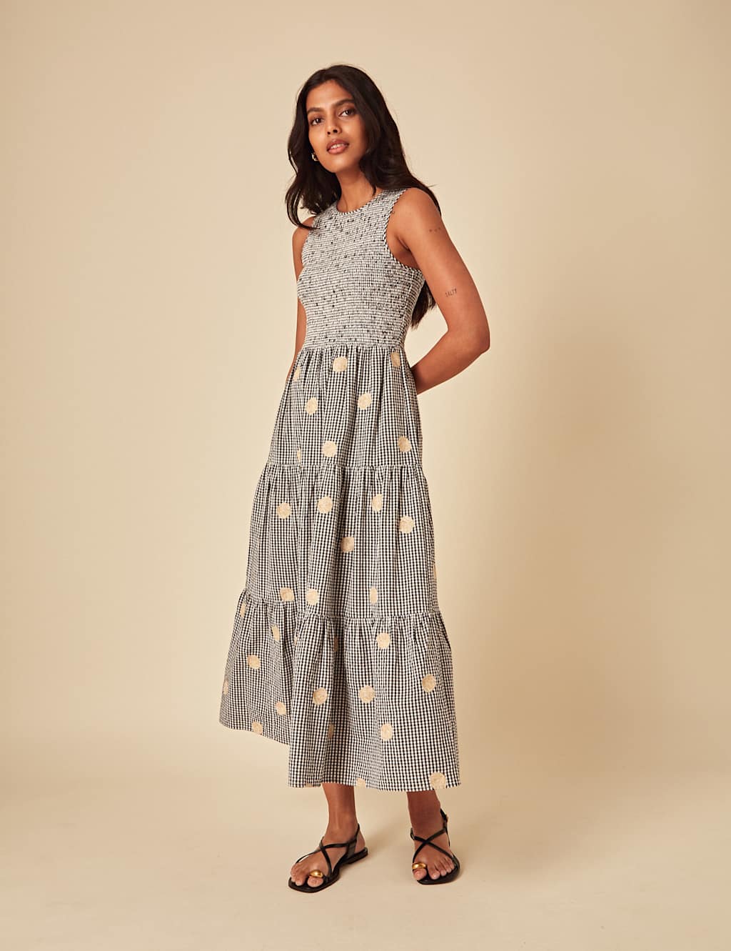 Pure Cotton Gingham Embroidered Midi Dress