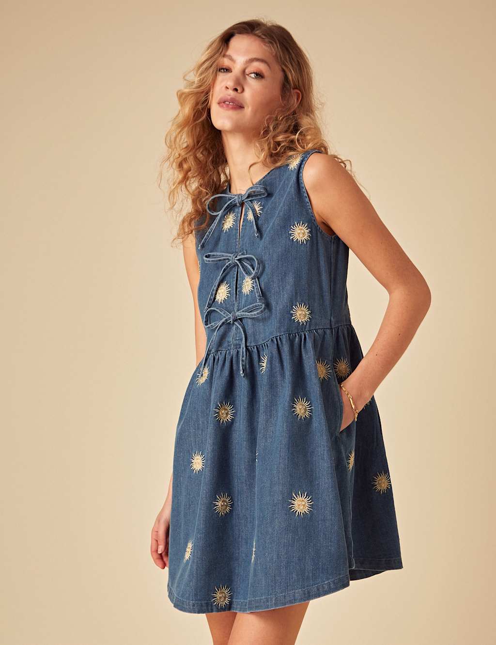 Denim Embroidered Mini Waisted Dress