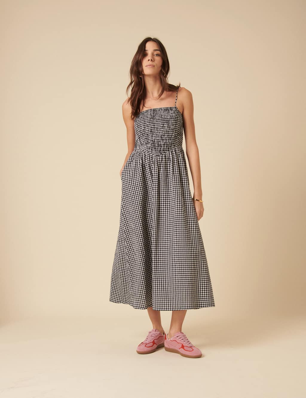 Pure Cotton Gingham Square Neck Strappy Midi Shirred Dress