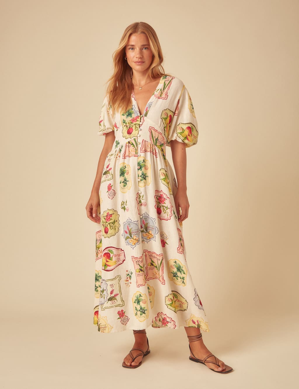Linen Rich Fruit V-Neck Midaxi Dress