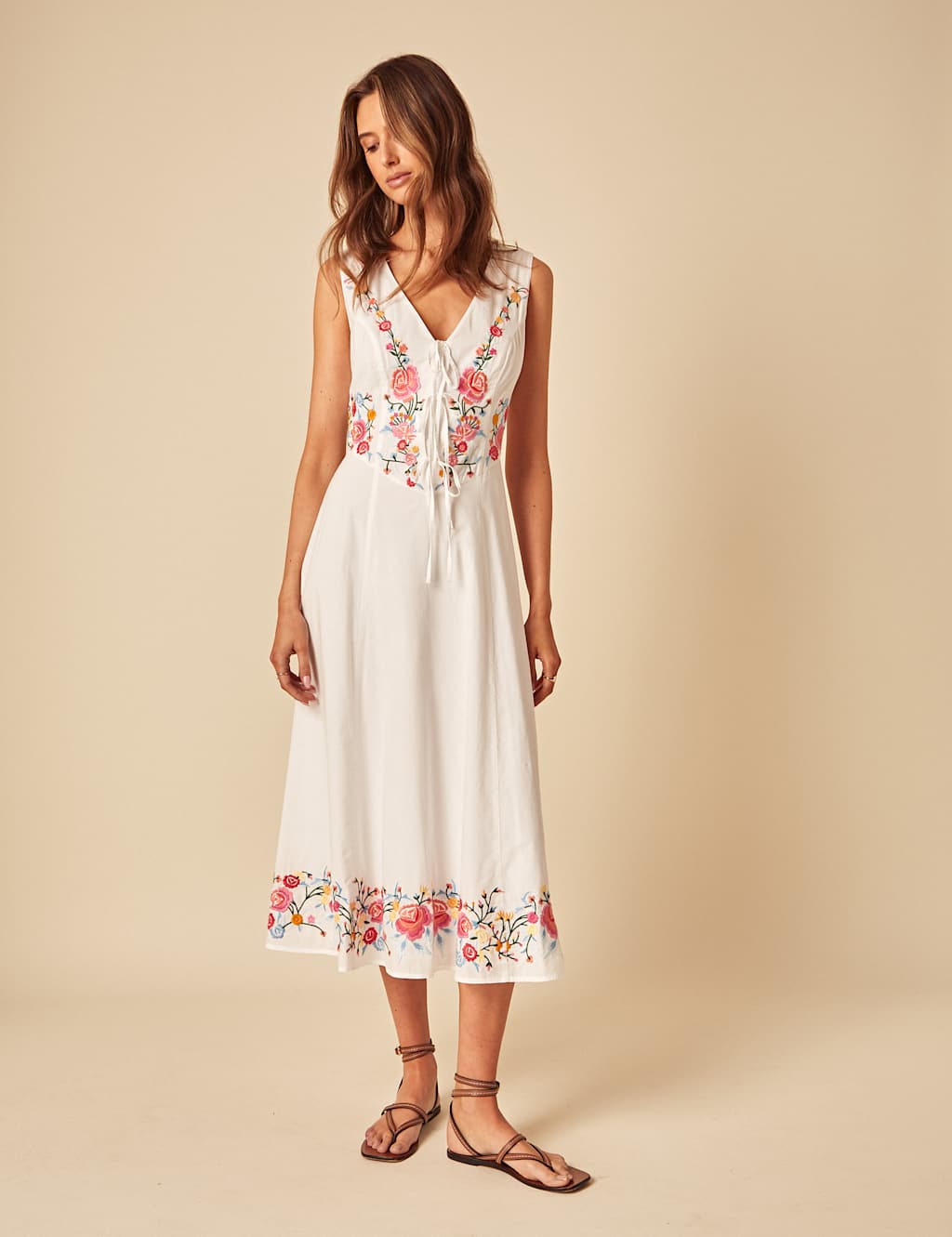Pure Cotton Embroidered Waisted Midaxi Dress
