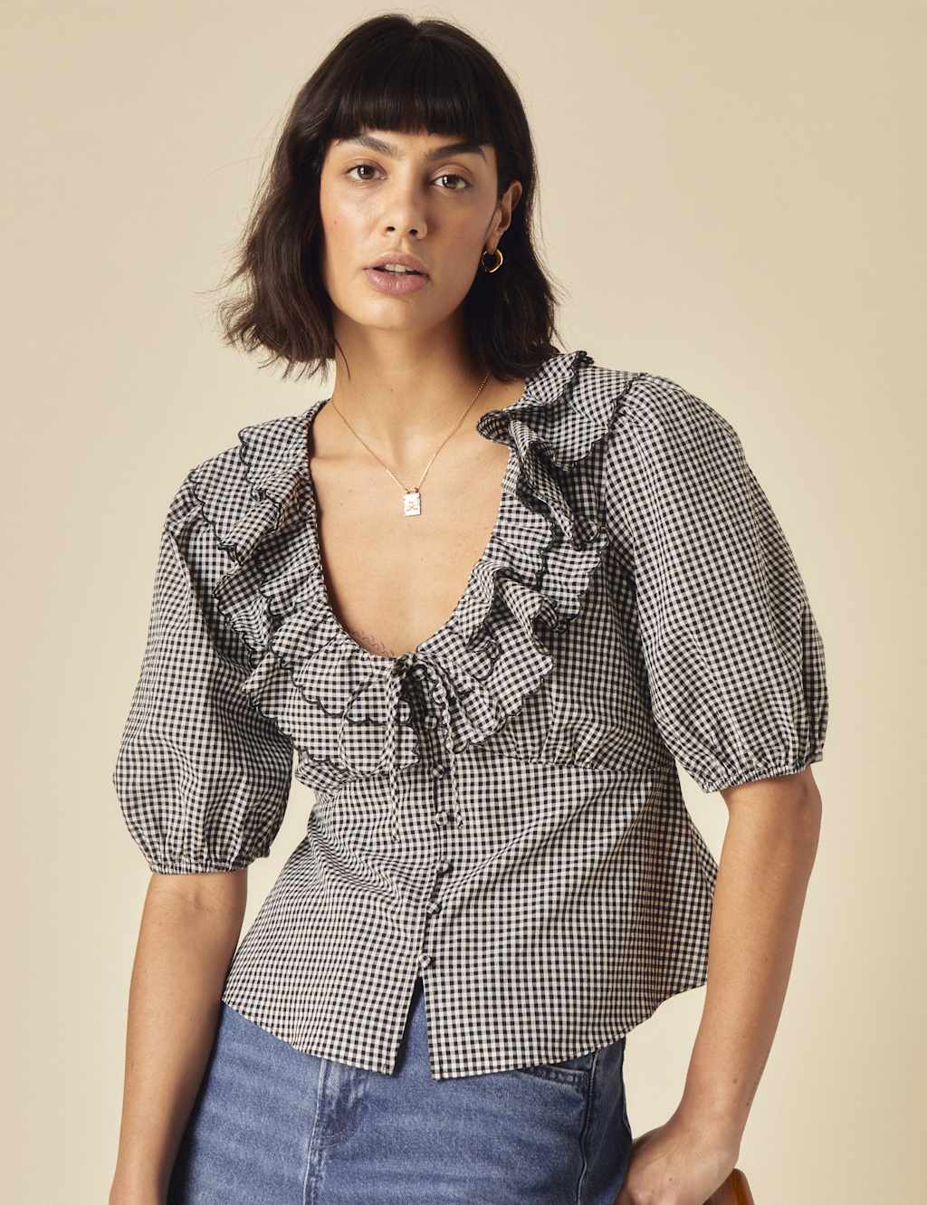 Pure Cotton Gingham V-Neck Ruffle Puff Sleeve Blouse