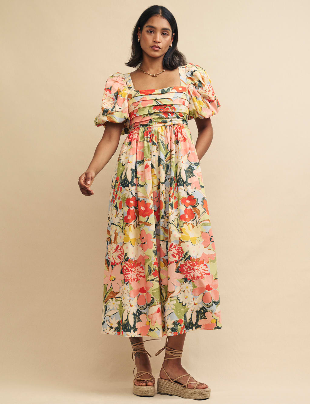 Pure Cotton Floral Midi Smock Dress