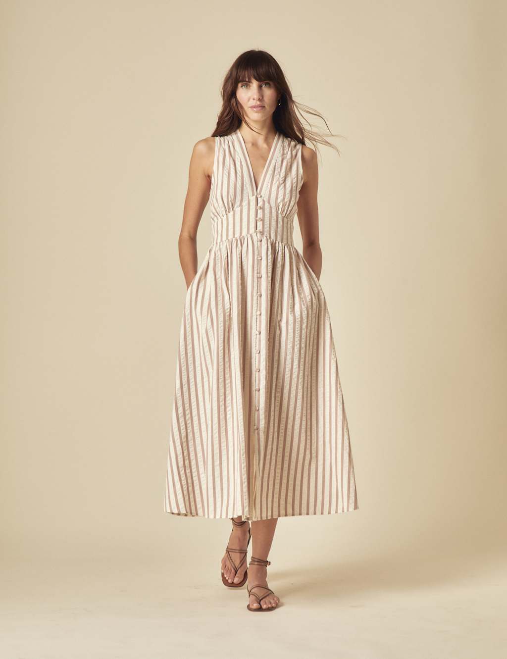 Pure Cotton Striped Midaxi Waisted Dress