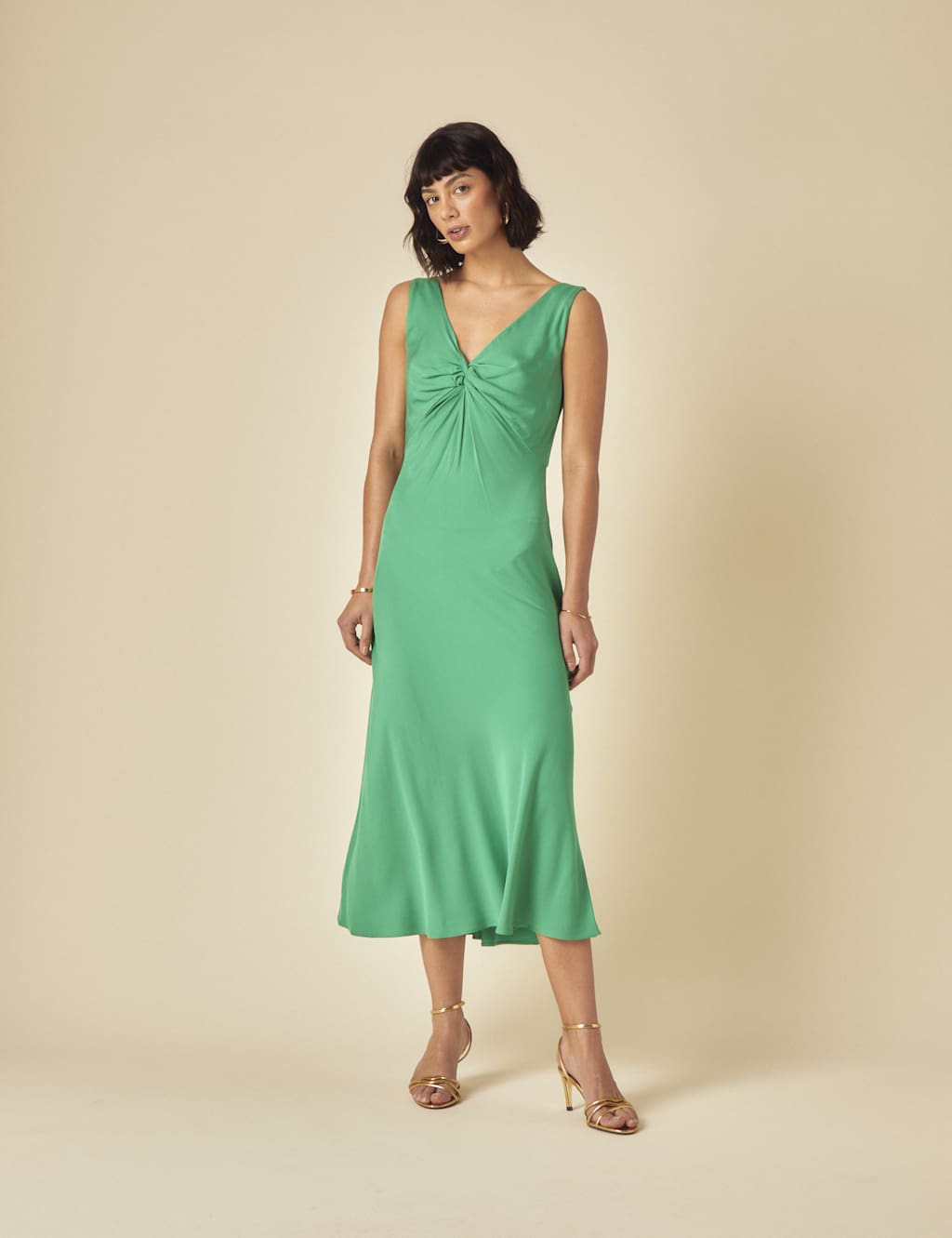 V-Neck Twist Front Midi Slip Dress