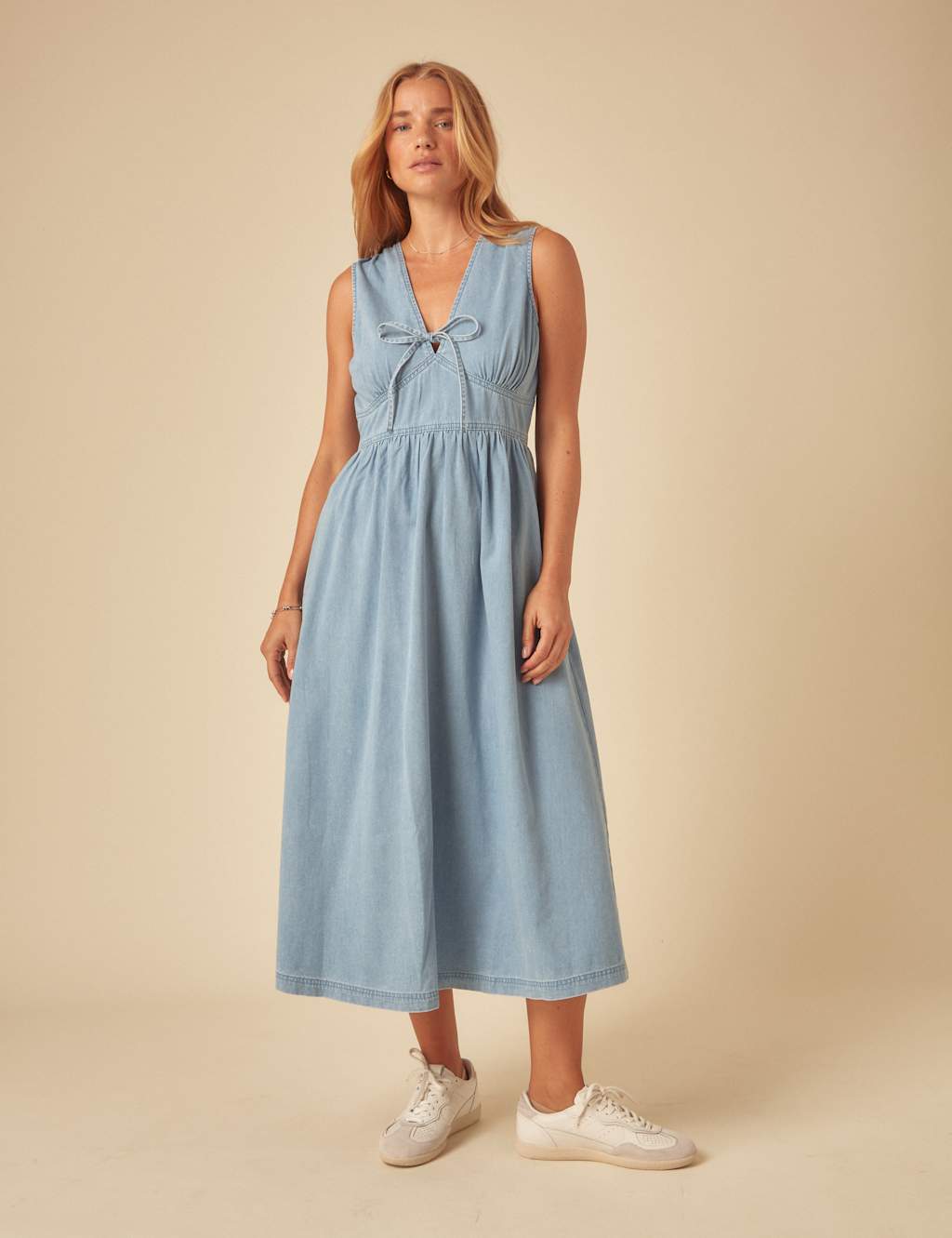 Pure Cotton Tie Neck Midaxi Waisted Dress