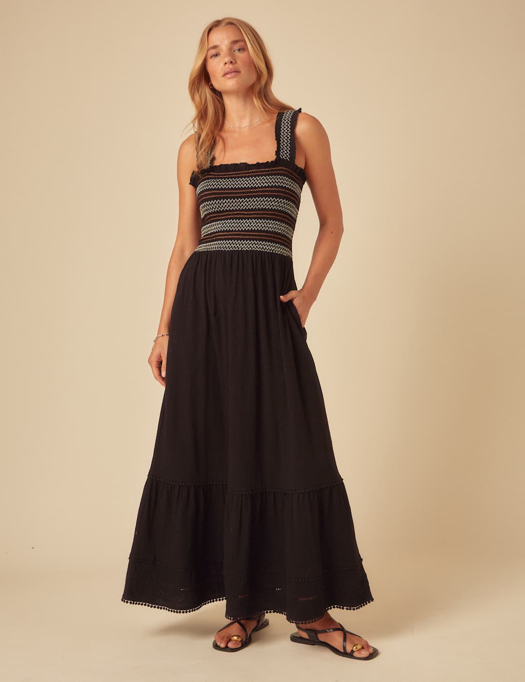 Pure Cotton Embroidered Square Neck Dress