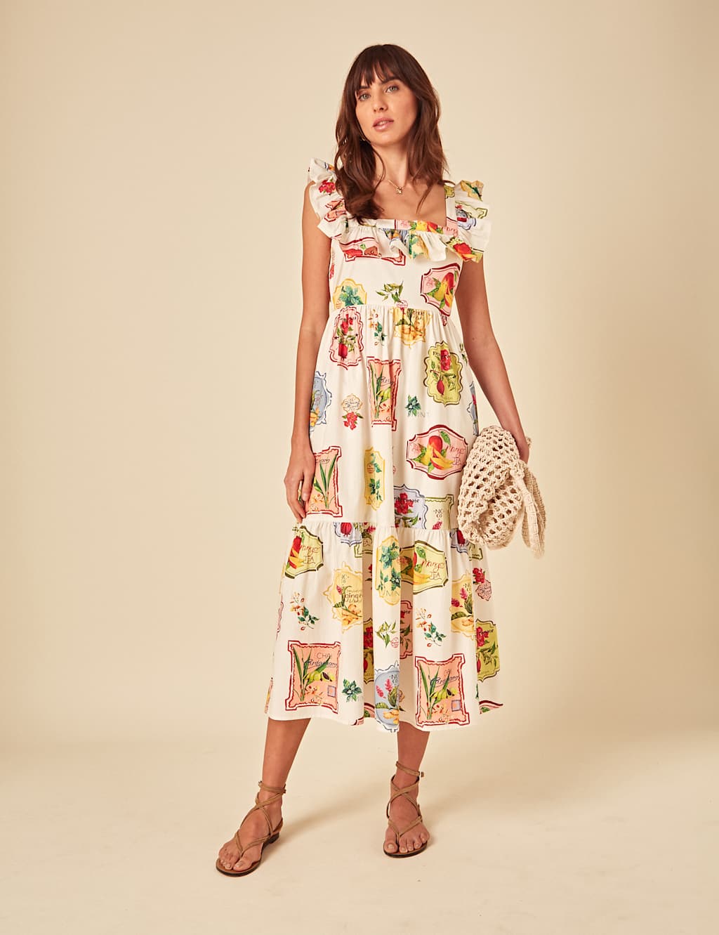 Pure Cotton Fruit Tea Print Midi Tiered Dress