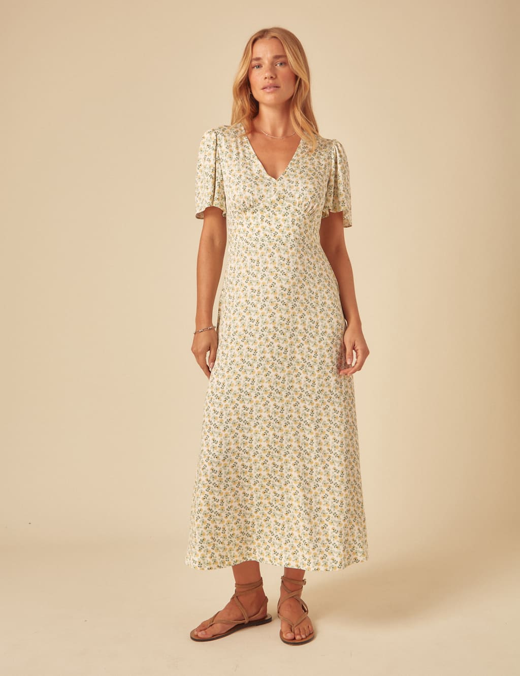 Floral V-Neck Tie Waist Midaxi Tea Dress