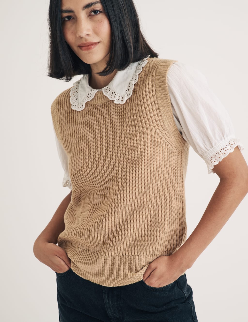 Cotton Rich Ribbed Crew Neck Knitted Vest