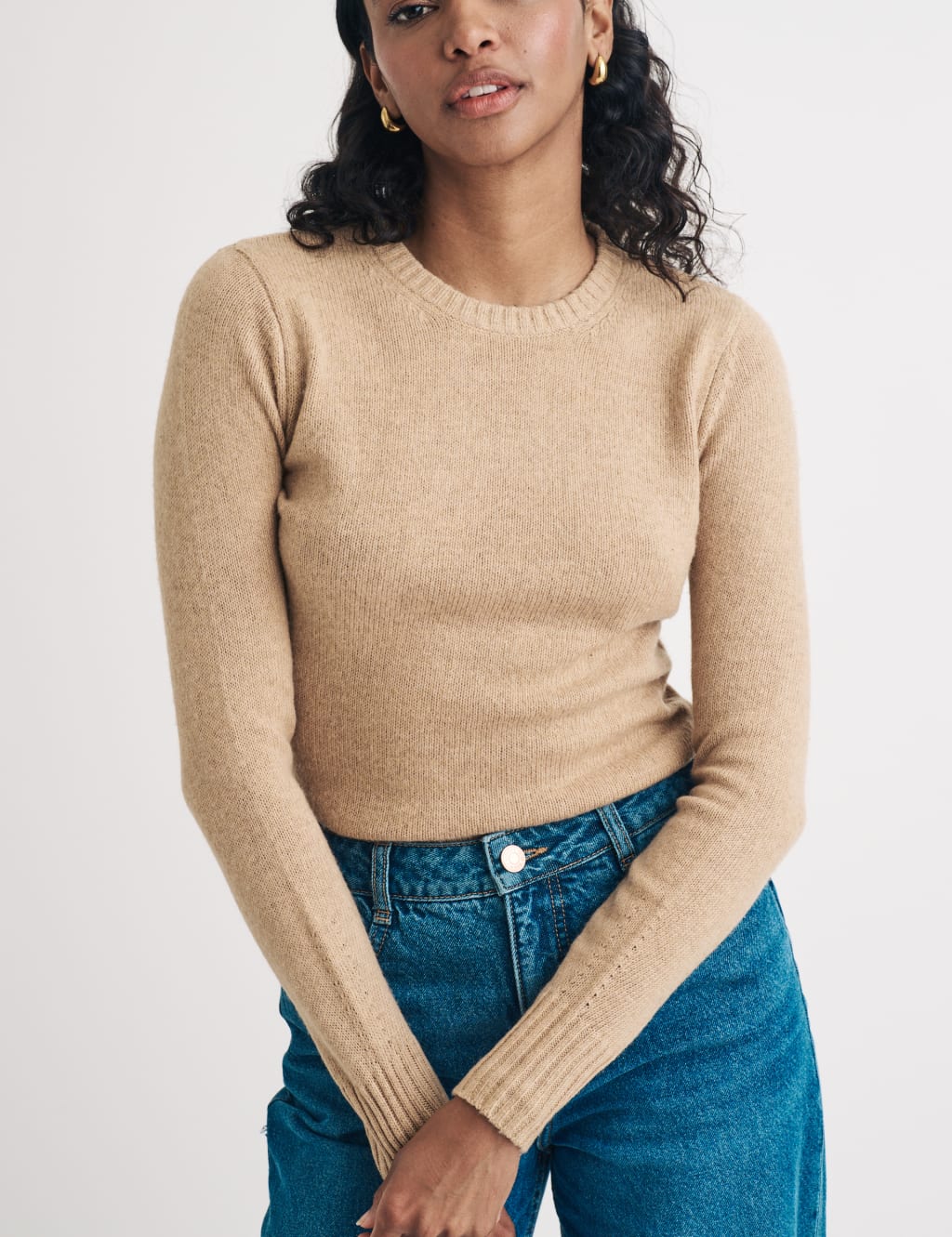 Cotton Rich Crew Neck Fitted Jumper