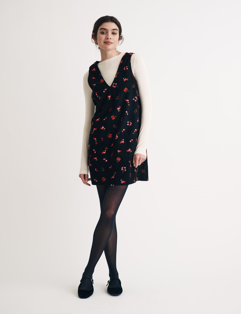Cord Floral V-Neck Mini Shift Dress