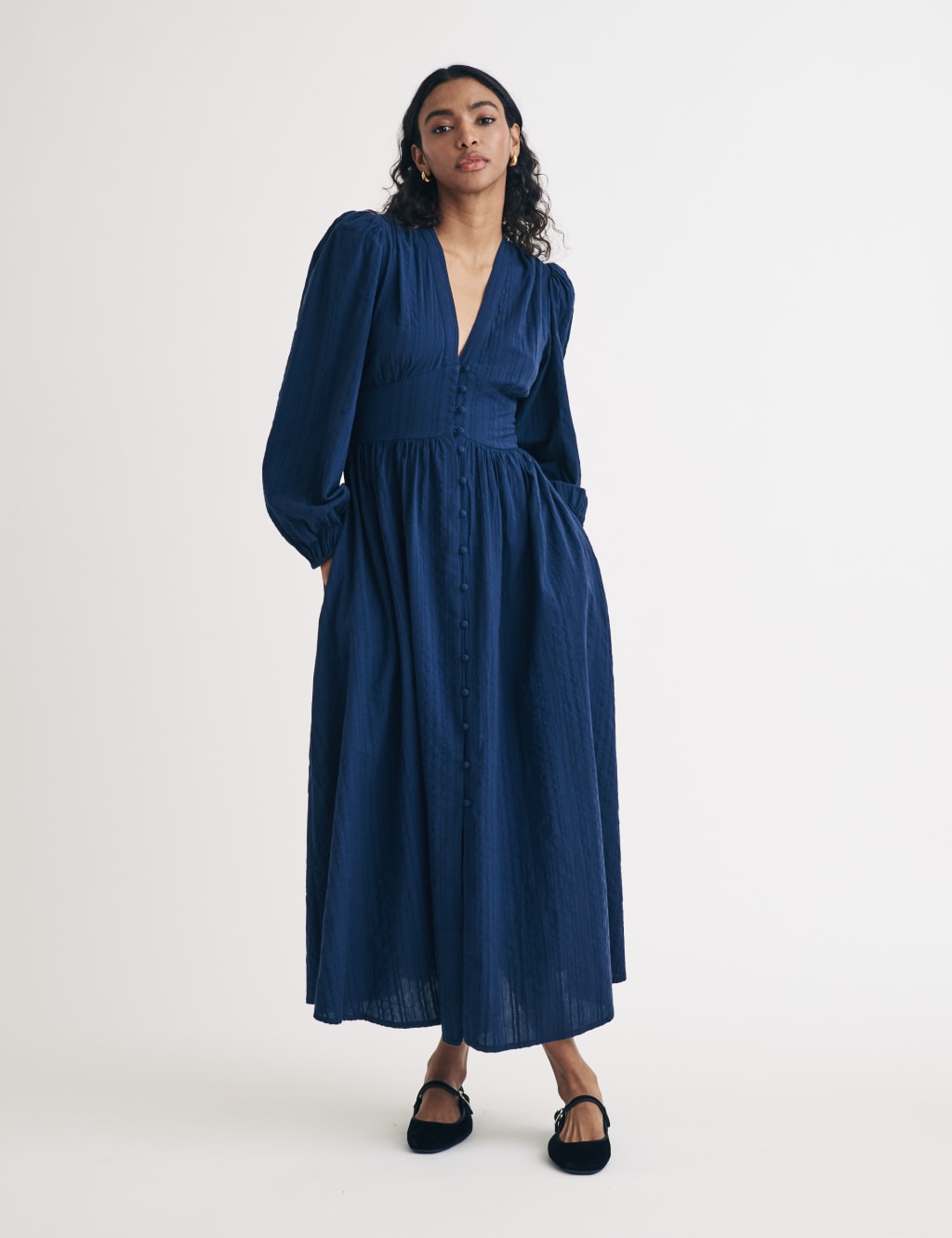 Pure Cotton V-Neck Midaxi Waisted Dress