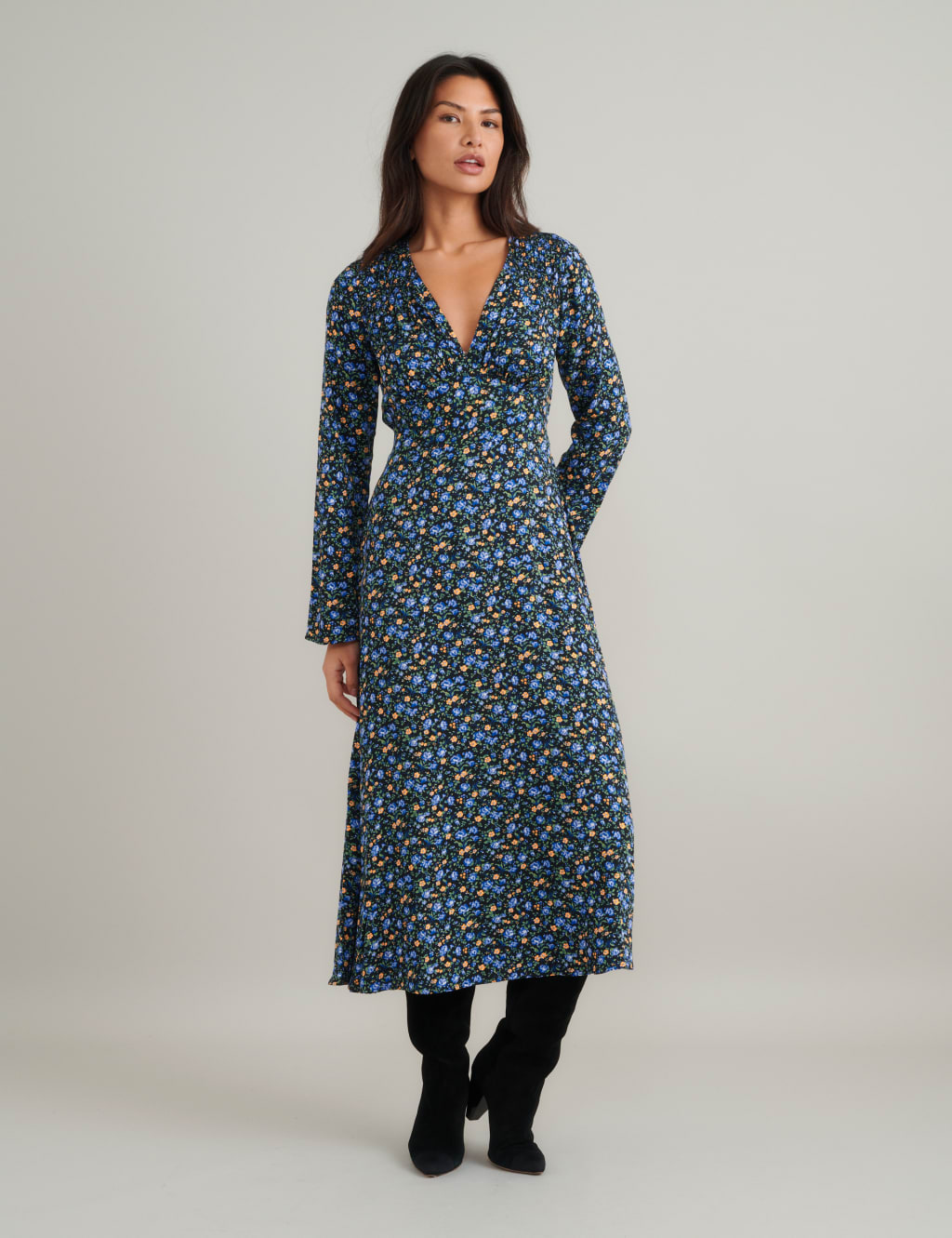 Floral V-Neck Midi Tea Dress