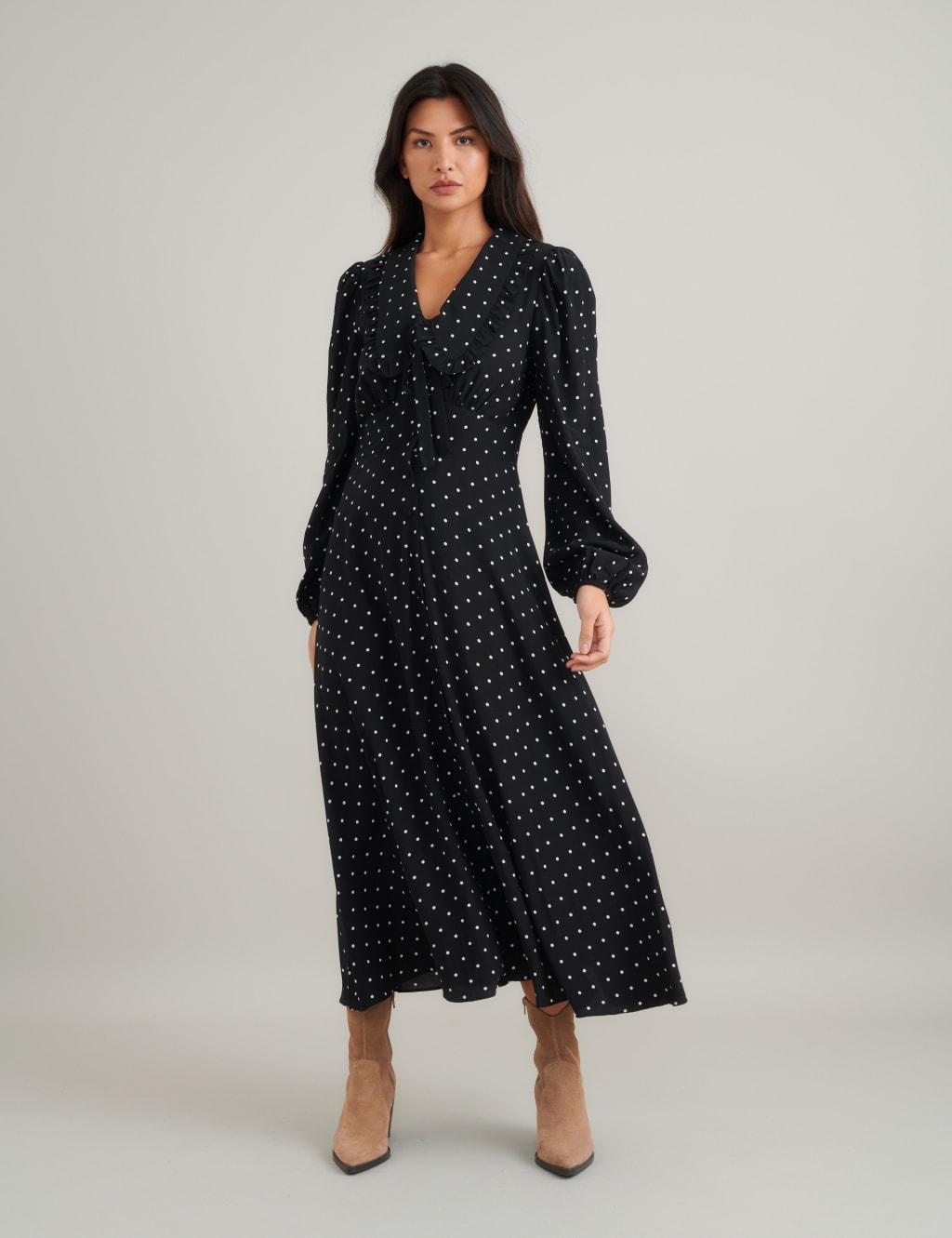 Polka Dot Blouson Sleeve Midi Tea Dress