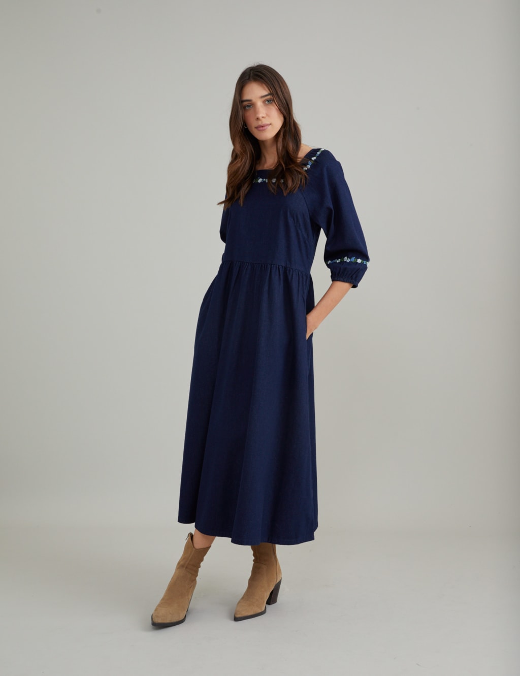Pure Cotton Embroidered Square Neck Dress