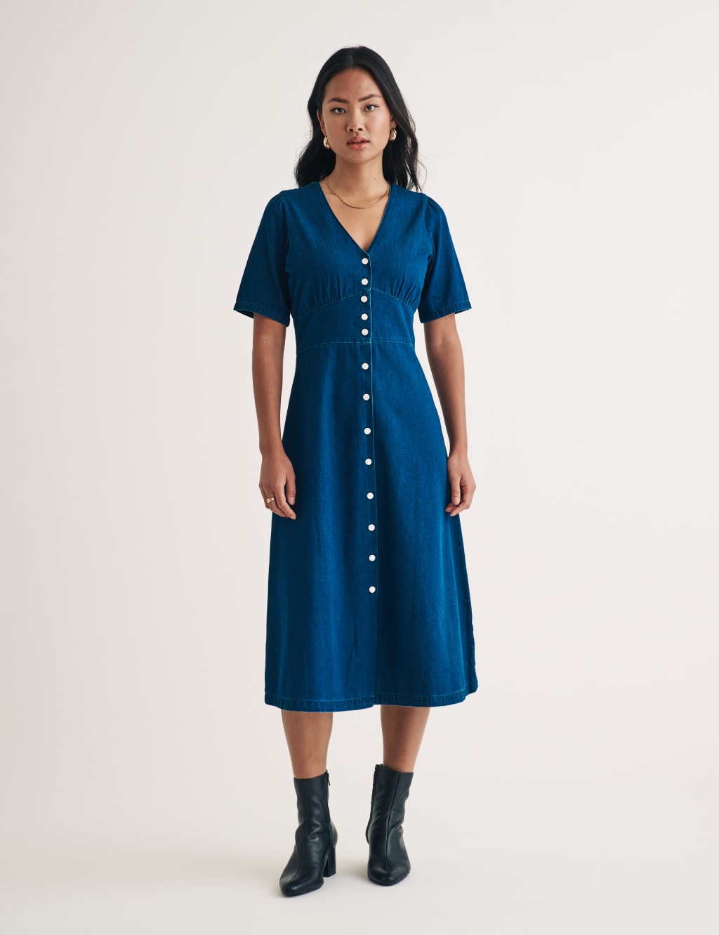 Denim V-Neck Midi Tea Dress