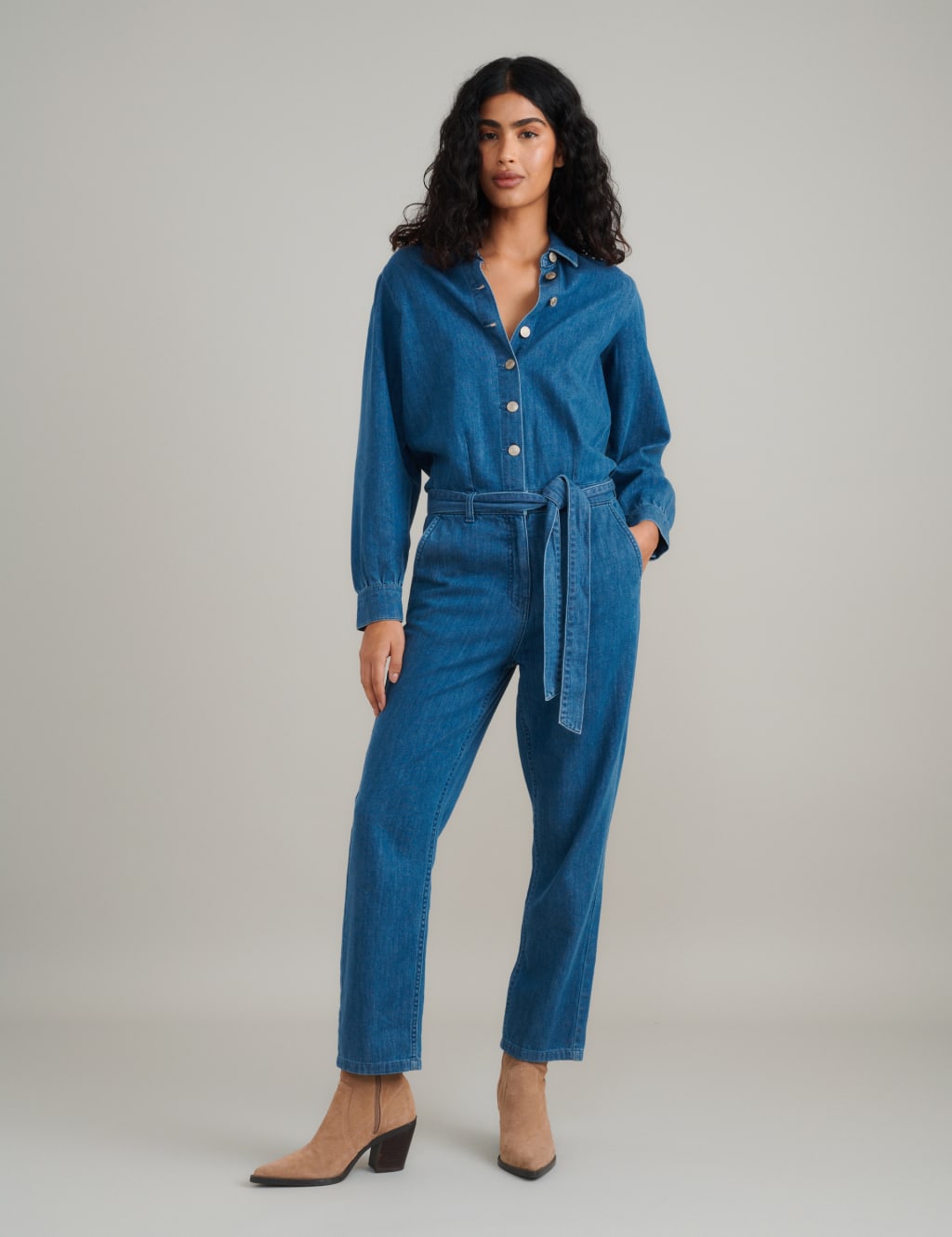 Denim Tie Detail Long Sleeve Jumpsuit