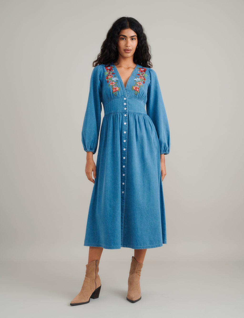 Denim Embroidered Midi Tea Dress
