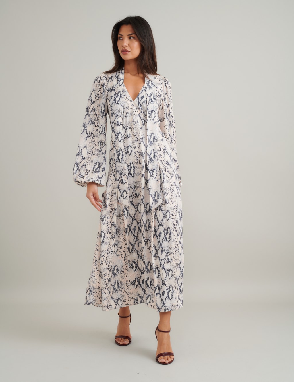 Snake Print V-Neck Midi Smock Dress