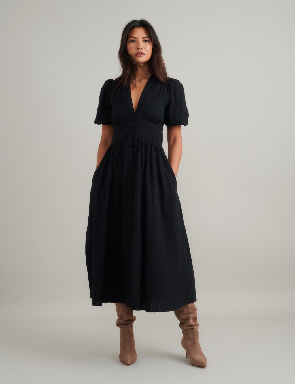 Pure Cotton Puff Sleeve Waisted Midi Dress