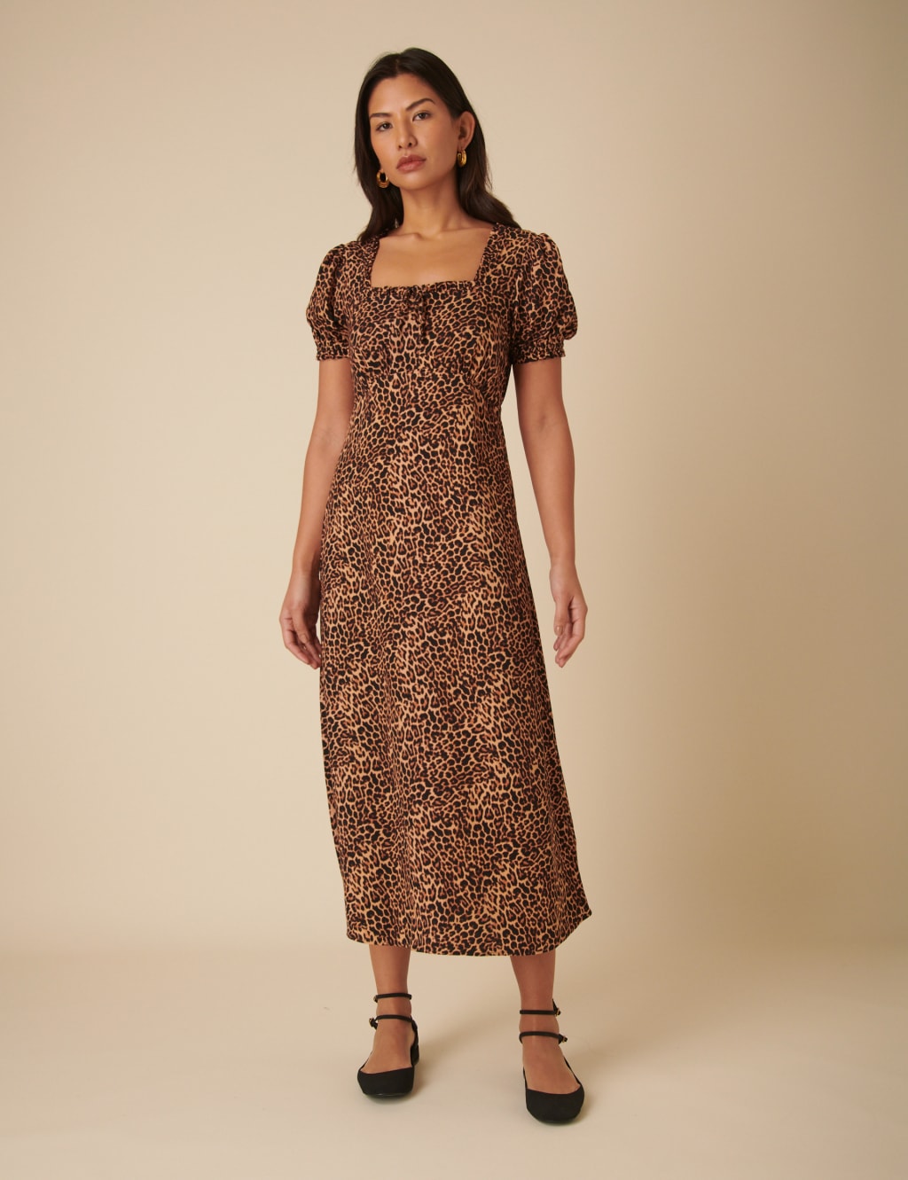 Leopard Print Square Neck Midi Tea Dress