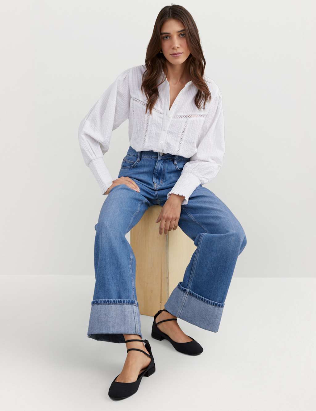 Pure Cotton Wide Leg Turn Up Jeans