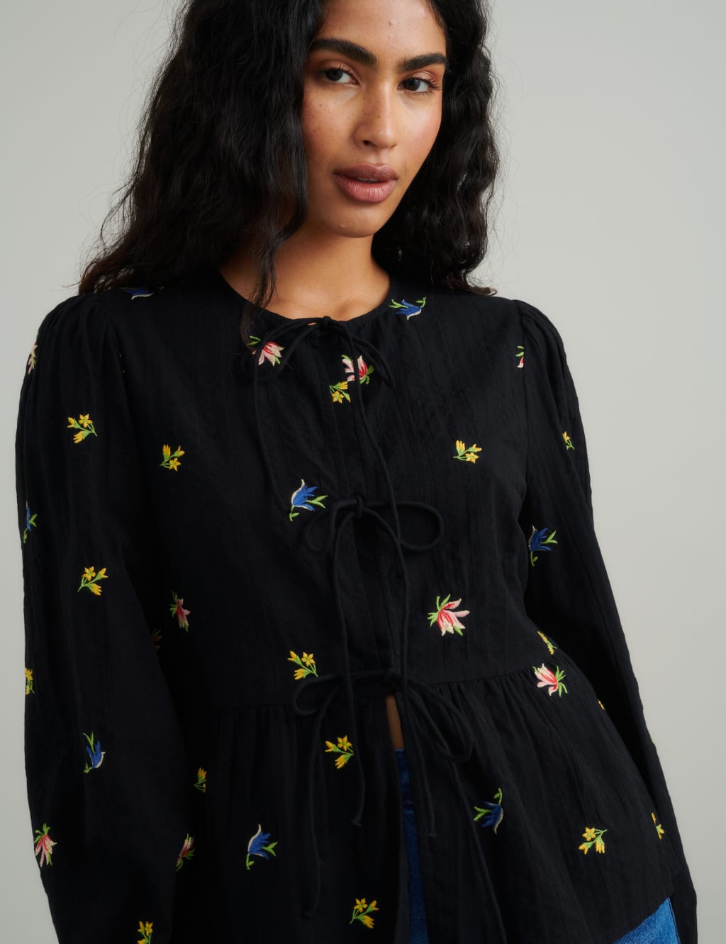 Pure Cotton Embroidered Tie Front Blouse