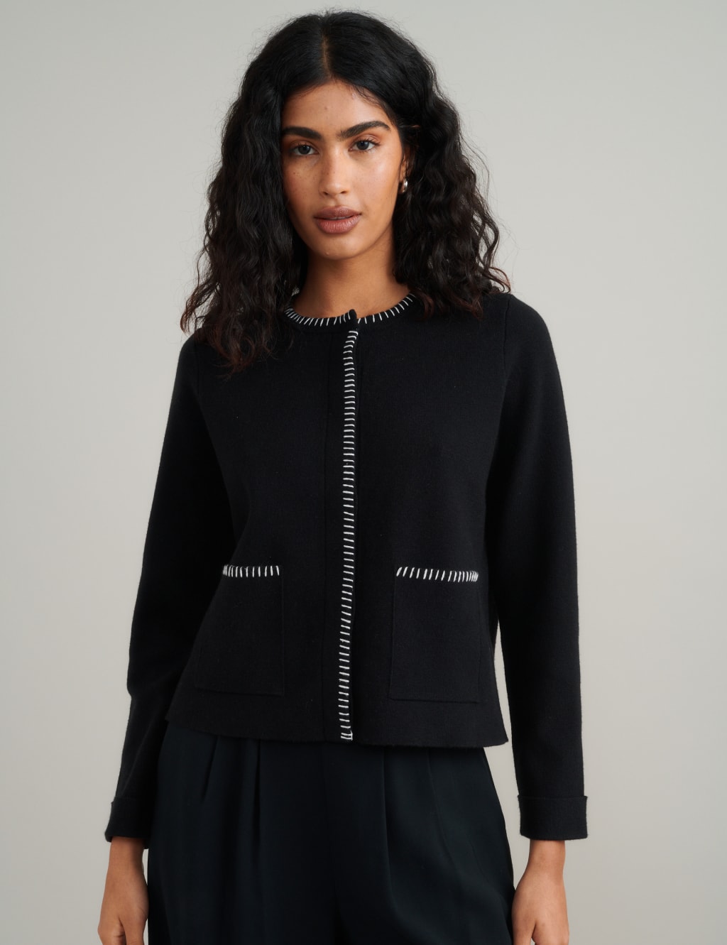 Whipstitch Crew Neck Fitted Cardigan