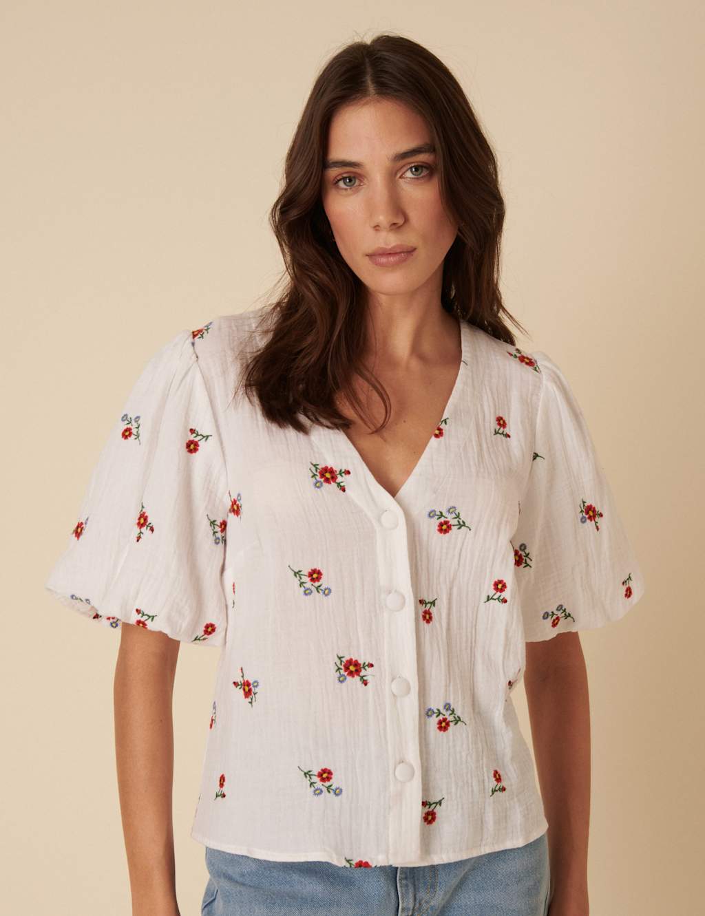 Pure Cotton Embroidered Floral V-NeckTop