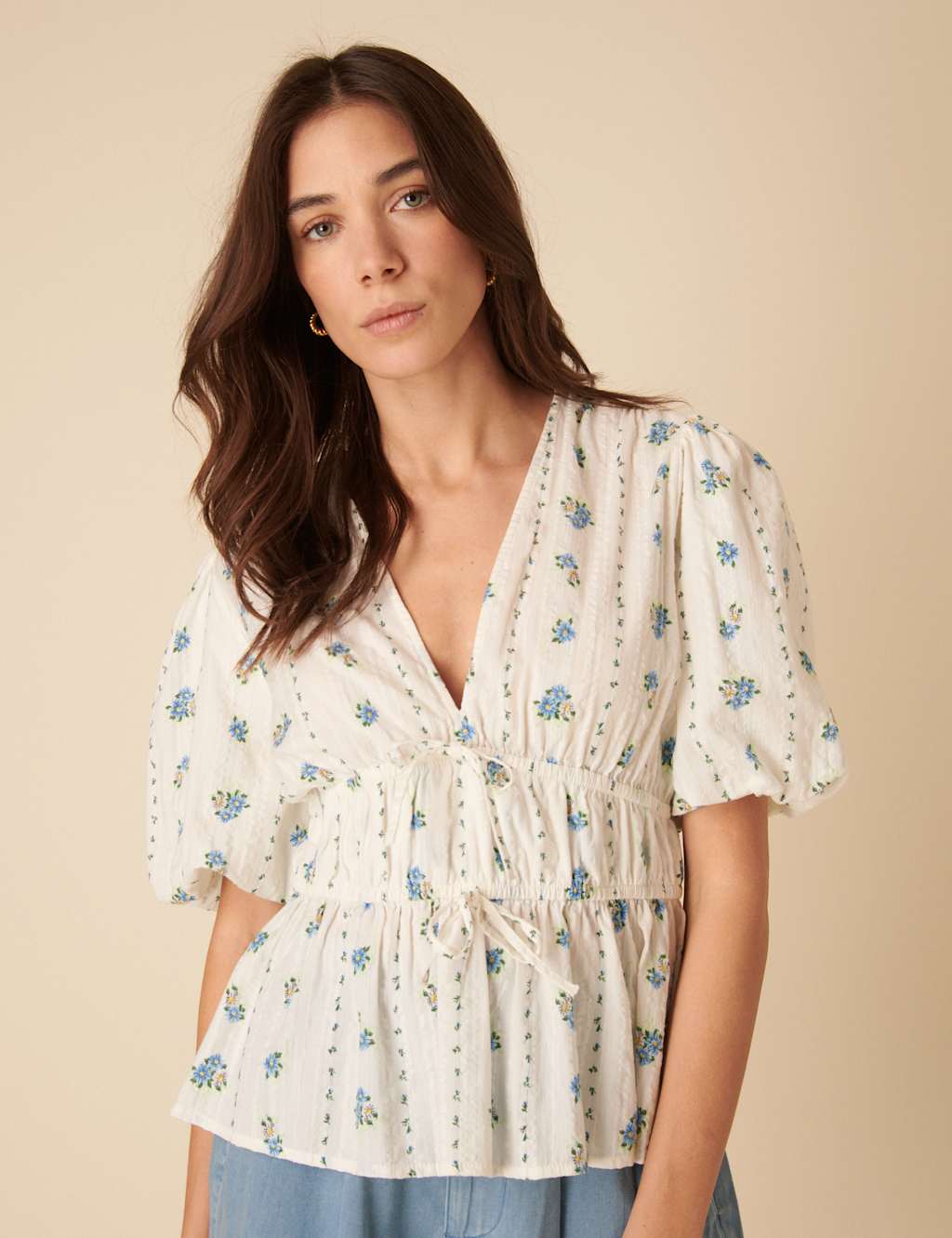 Pure Cotton Floral V-Neck Puff Sleeve Top