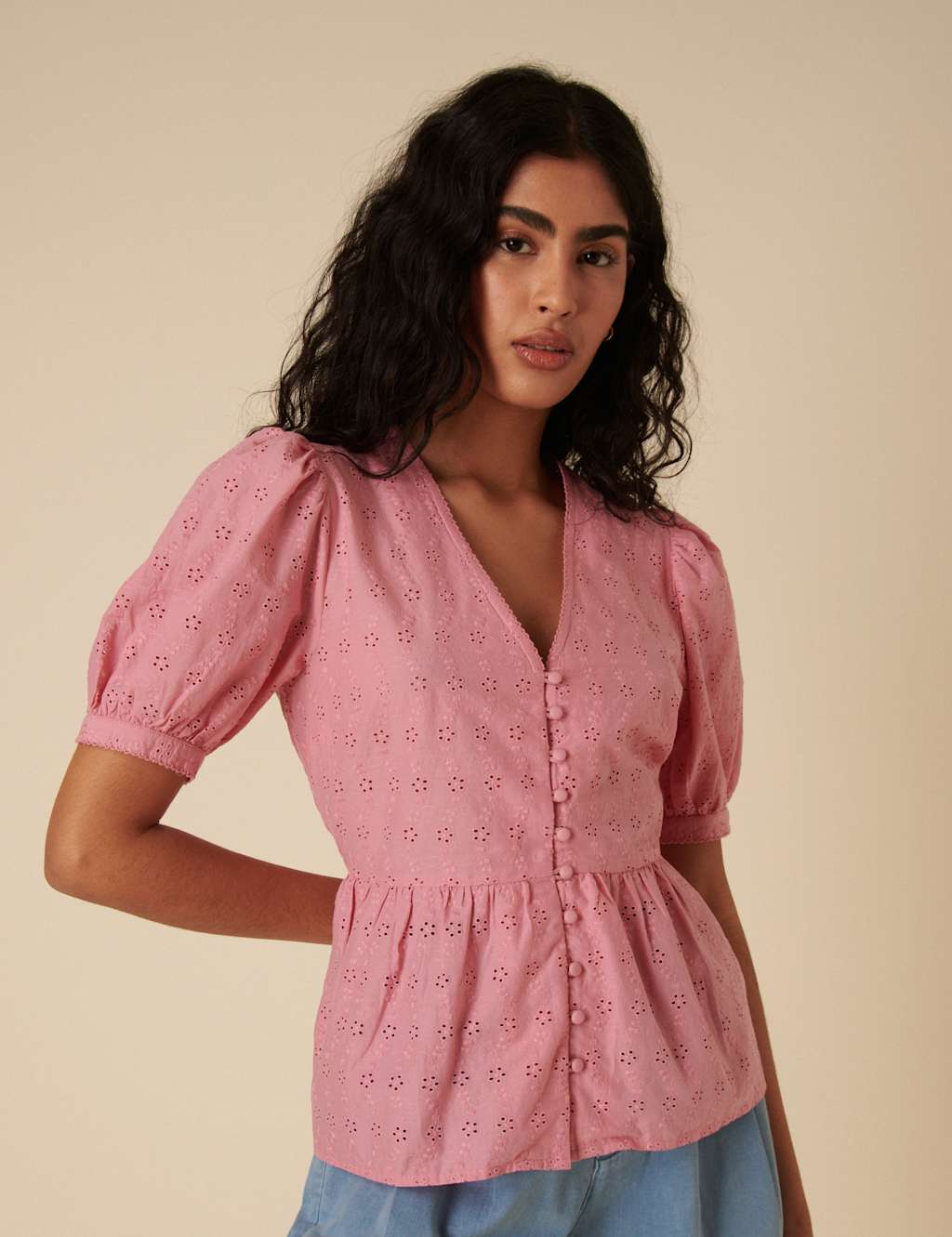Pure Cotton Broderie V-Neck Peplum Blouse