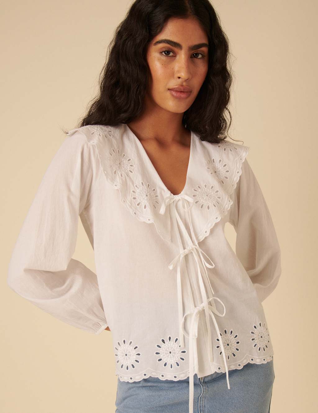 Pure Cotton Broderie Tie Front Blouse