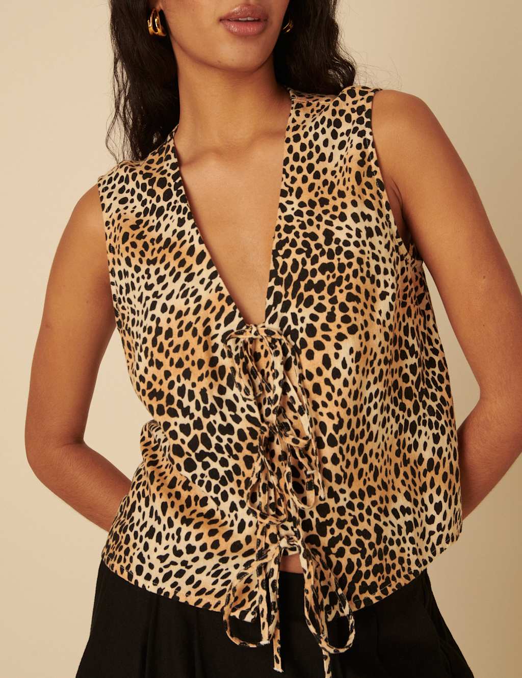 Linen Rich Animal Print Tie Front Vest