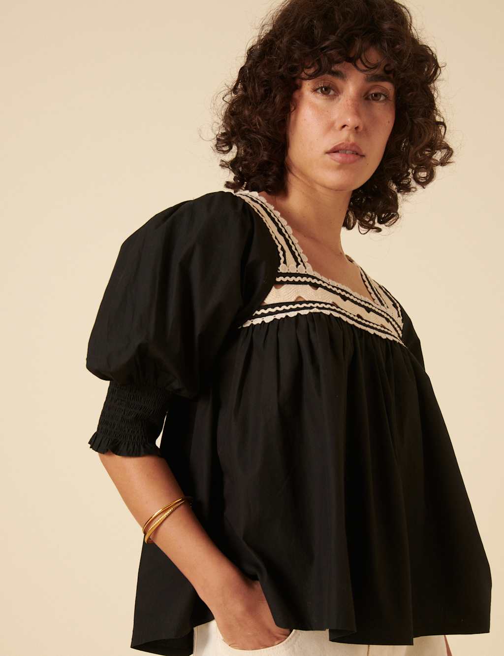 Pure Cotton Broderie Square Neck Blouse