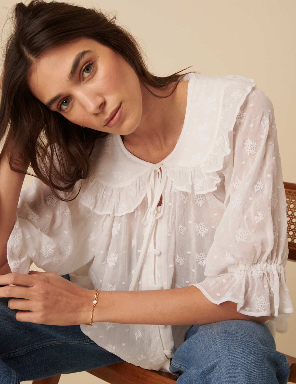 Embroidered Collared Button Through Blouse