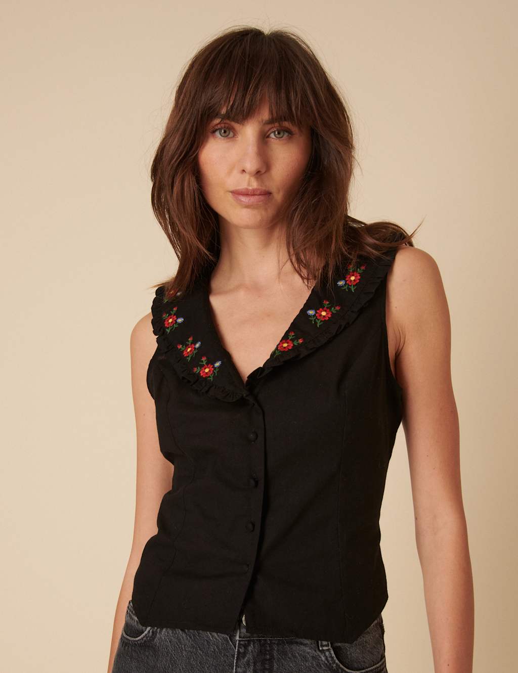 Pure Cotton Floral Embroidered Collared Top