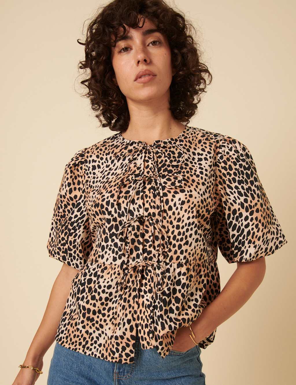 Pure Cotton Animal Print Collarless Tie Front Puff Sleeve Blouse