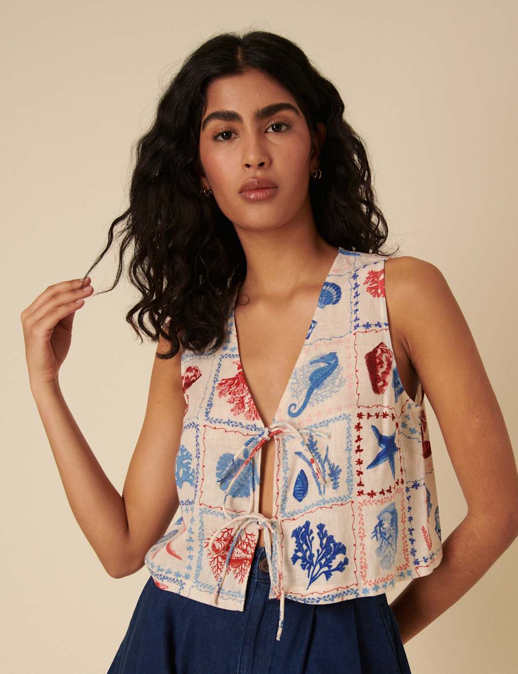 Lyocell Rich Printed Tie Front Vest Top