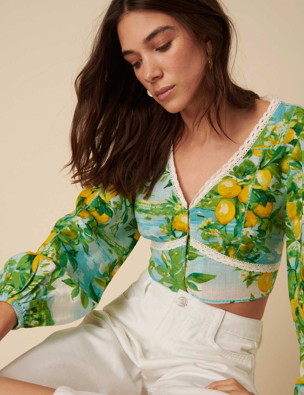 Printed V-Neck Lace Detail Top with Linen