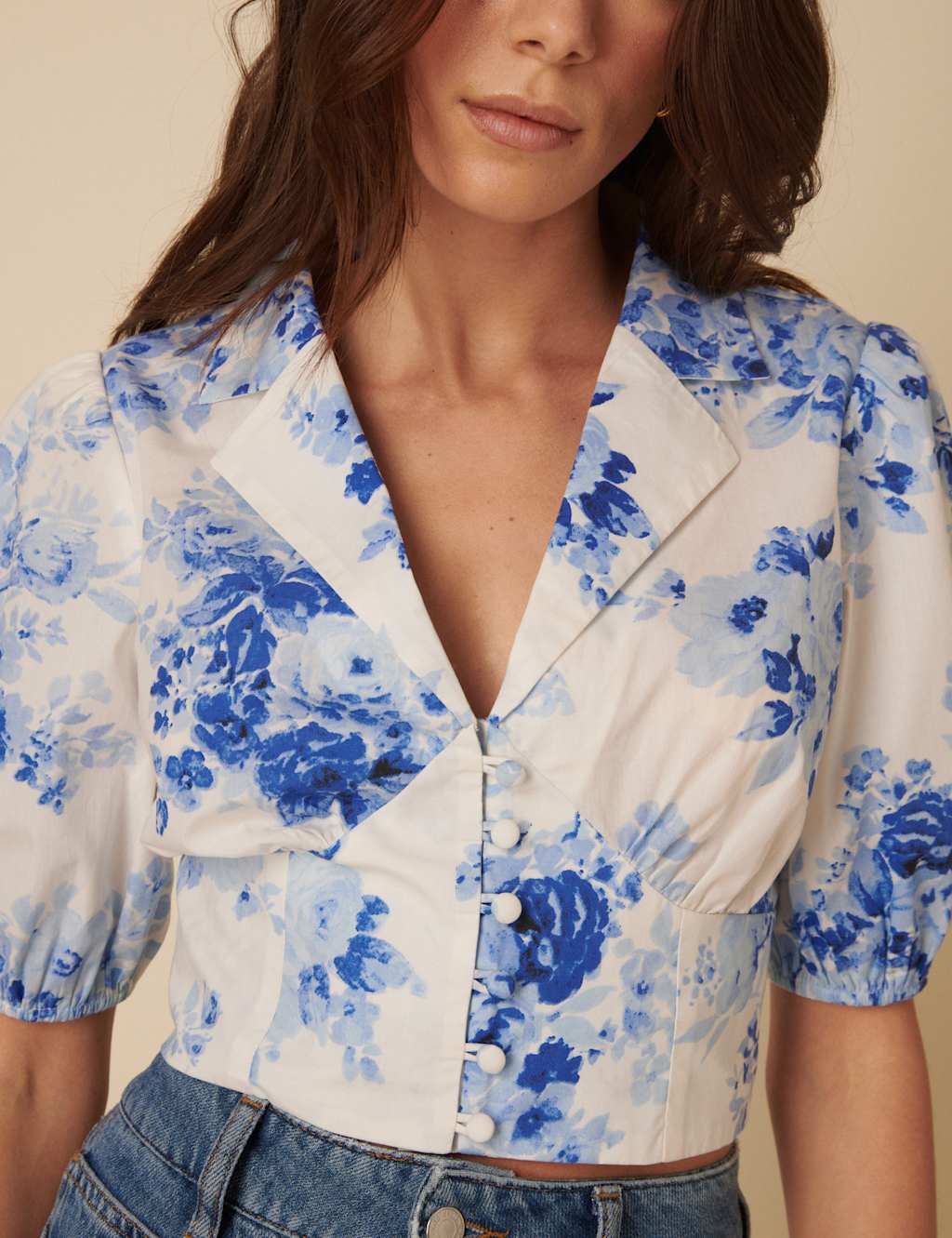 Pure Cotton Floral Collared Fitted Top