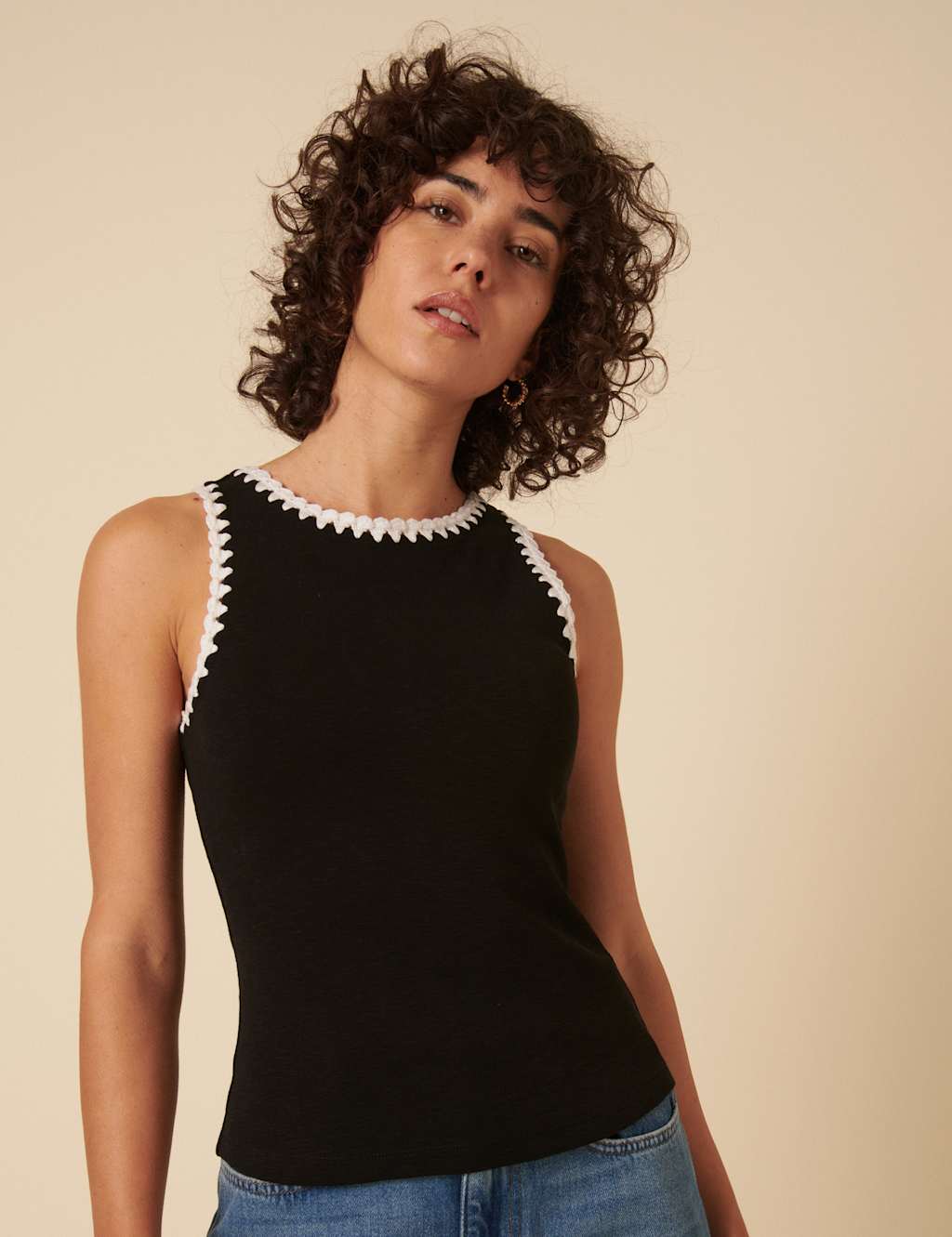 Pure Cotton Knitted Trim Racer Back Vest