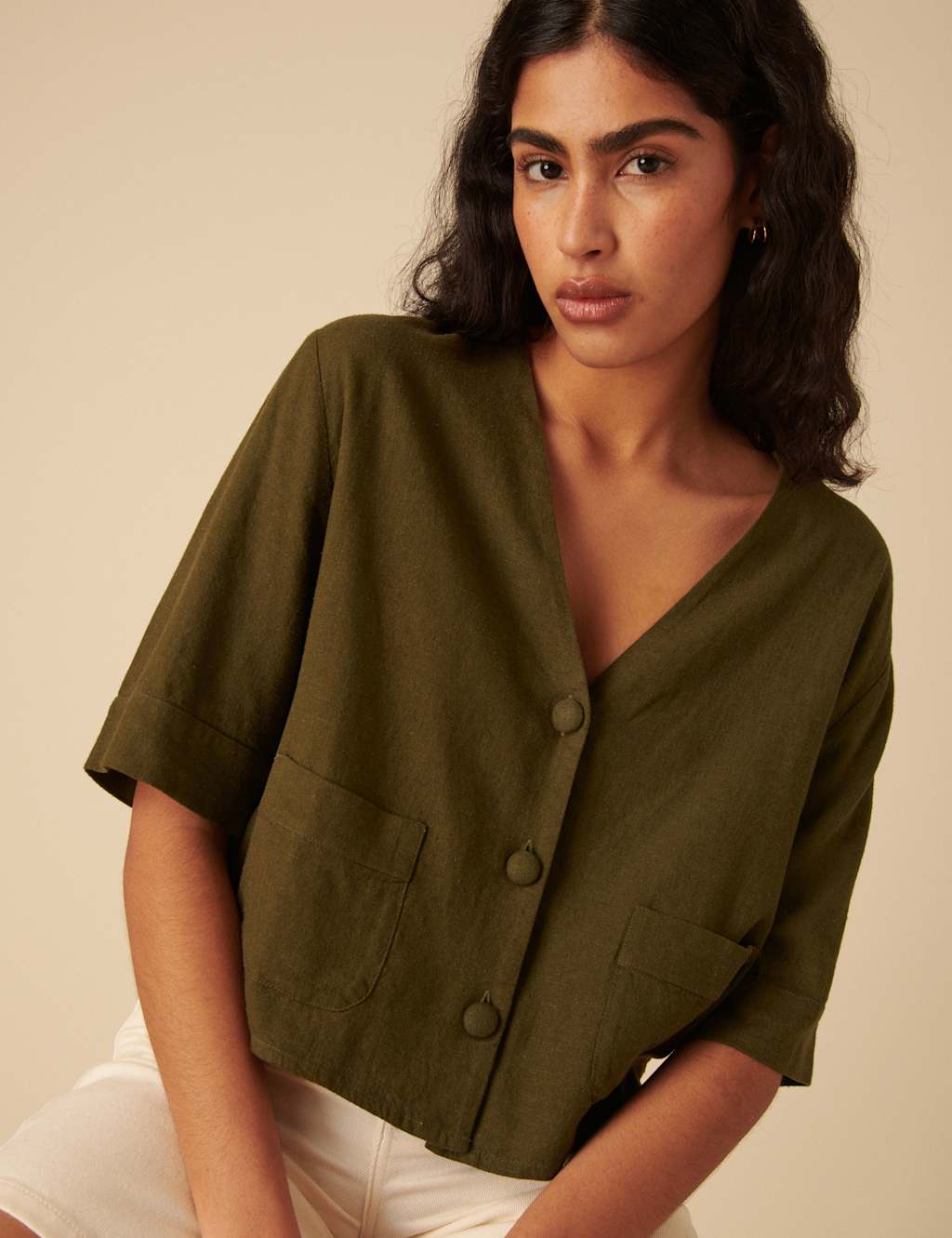 Linen Rich V-Neck Relaxed Shirt