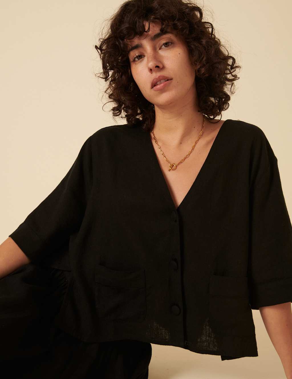 Linen Rich V-Neck Relaxed Shirt