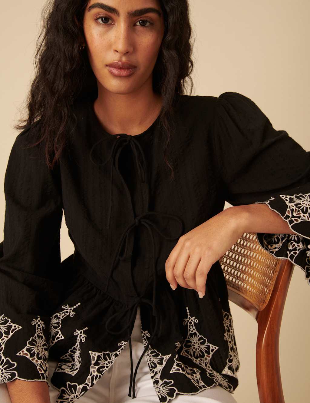 Pure Cotton Embroidered Tie Front Blouse