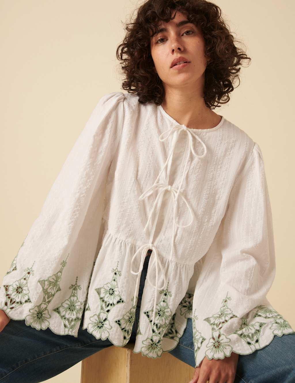 Pure Cotton Embroidered Tie Front Blouse